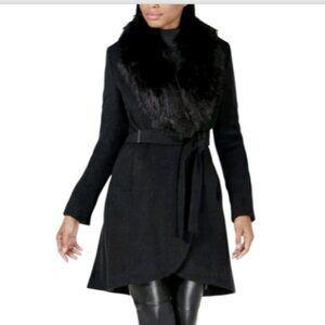 CALVIN KLEIN Faux Fur Collar Belted Wool Wrap Coat